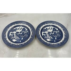 VTG Churchill Blue Willow Pattern Dinner Plates England Chinoiserie 10" Set of 2